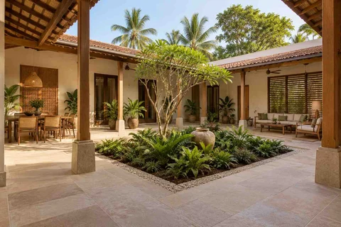 AI-generated outdoor concept: courtyard verandah loop, coastal woven direction