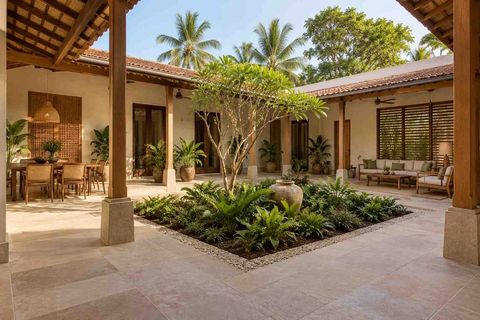 AI-generated outdoor concept: courtyard verandah loop, coastal woven direction