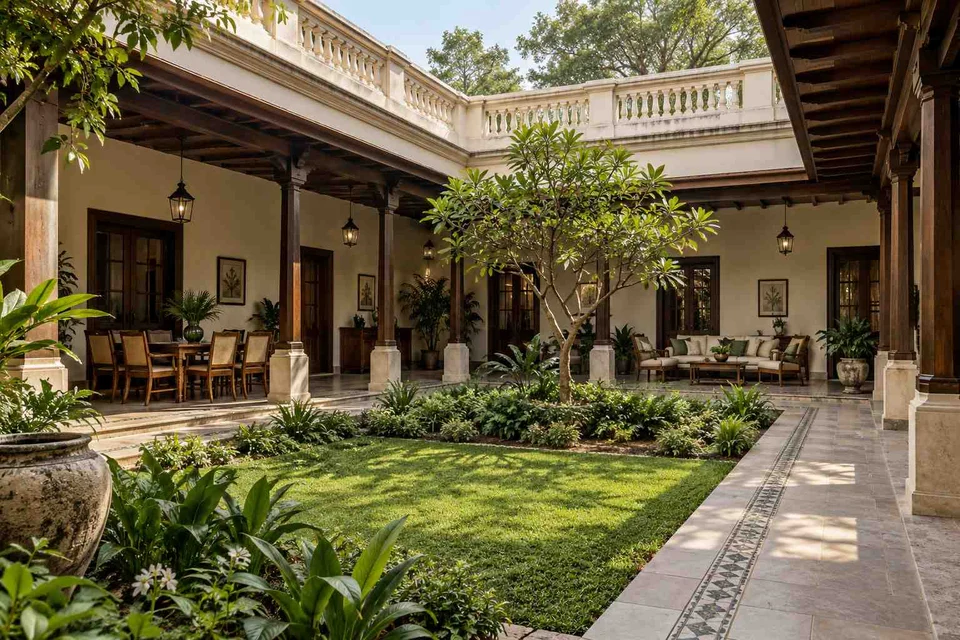 AI-generated outdoor concept: courtyard verandah loop, colonial quiet direction