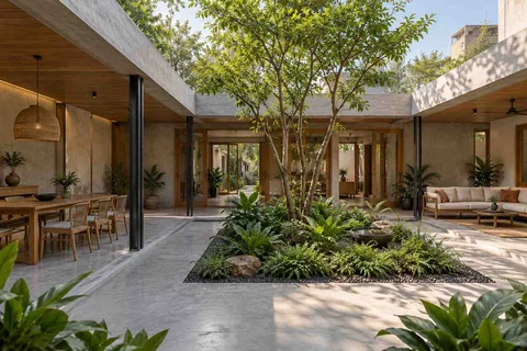 AI-generated outdoor concept: courtyard verandah loop, concrete and oak direction
