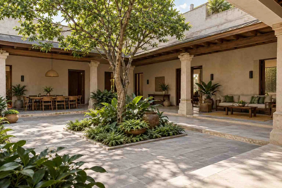 AI-generated outdoor concept: courtyard verandah loop, courtyard modern direction