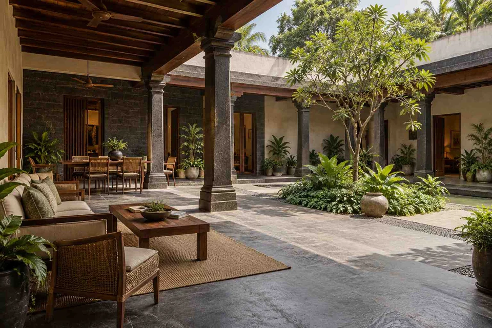 AI-generated outdoor concept: courtyard verandah loop, deccan stone direction