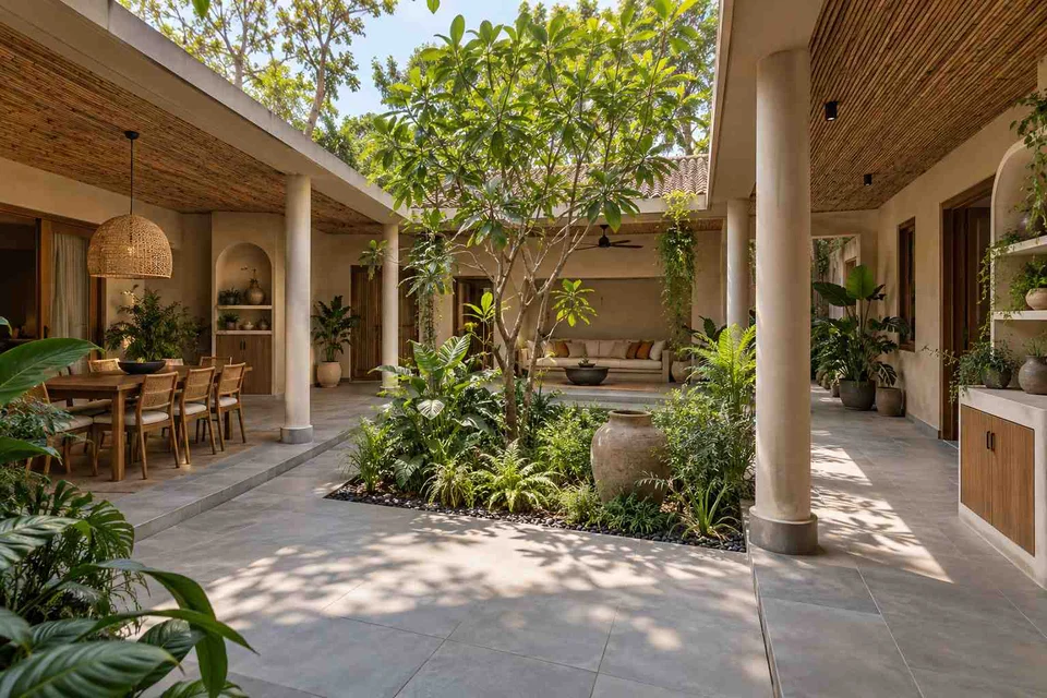 AI-generated outdoor concept: courtyard verandah loop, earth and bamboo direction