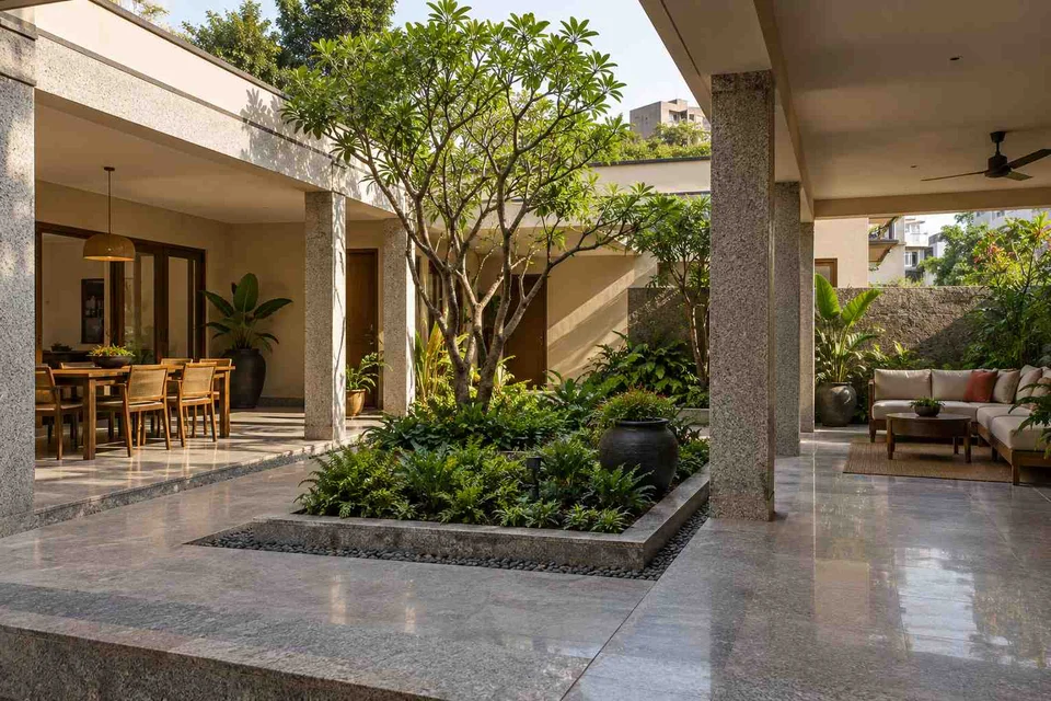 AI-generated outdoor concept: courtyard verandah loop, granite precision direction