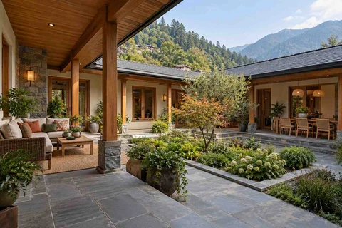 AI-generated outdoor concept: courtyard verandah loop, hill timber direction