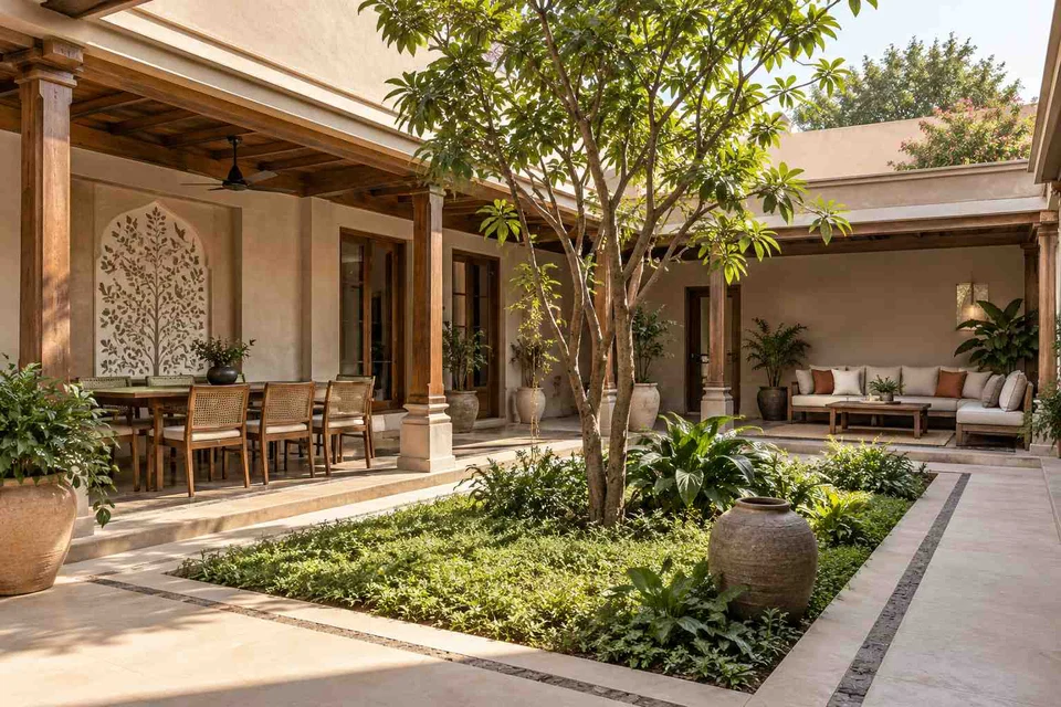AI-generated outdoor concept: courtyard verandah loop, inlay atelier direction