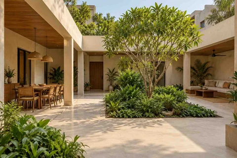 AI-generated outdoor concept: courtyard verandah loop, lime and walnut direction