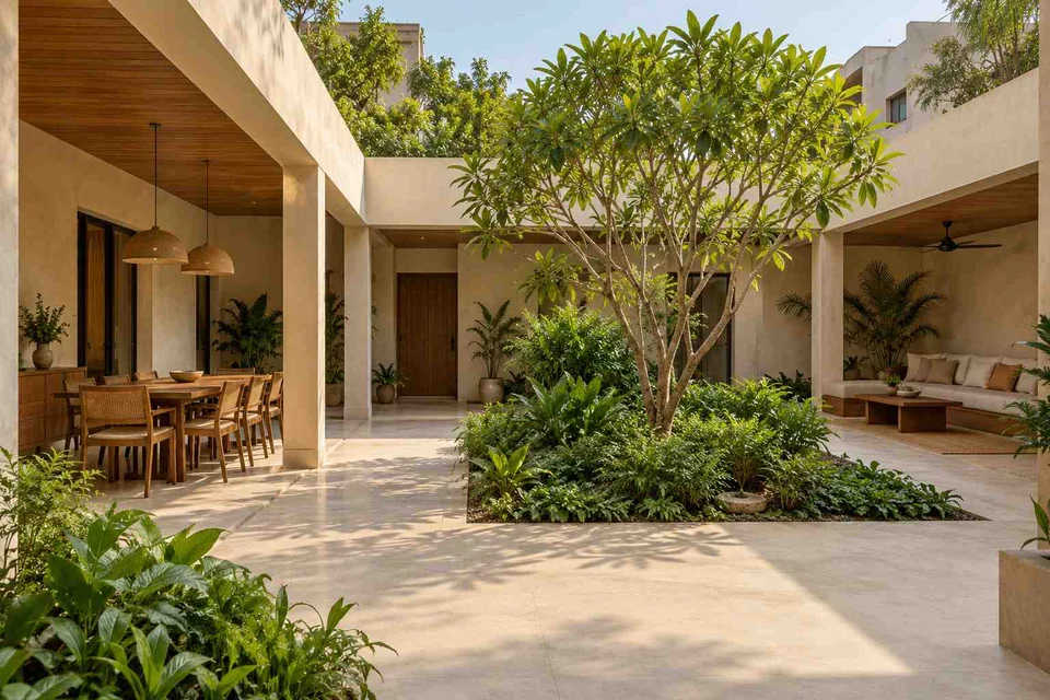 AI-generated outdoor concept: courtyard verandah loop, lime and walnut direction