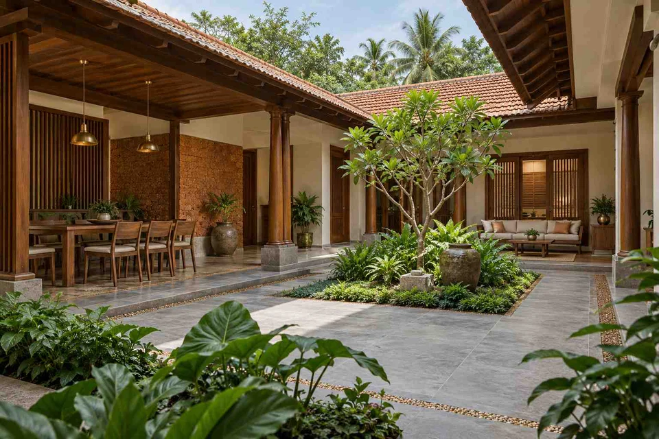 AI-generated outdoor concept: courtyard verandah loop, malabar timber direction