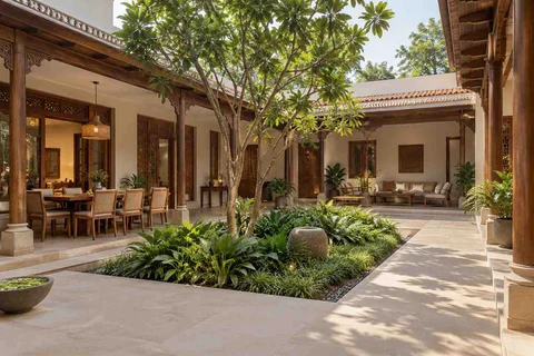 AI-generated outdoor concept: courtyard verandah loop, modern carved direction