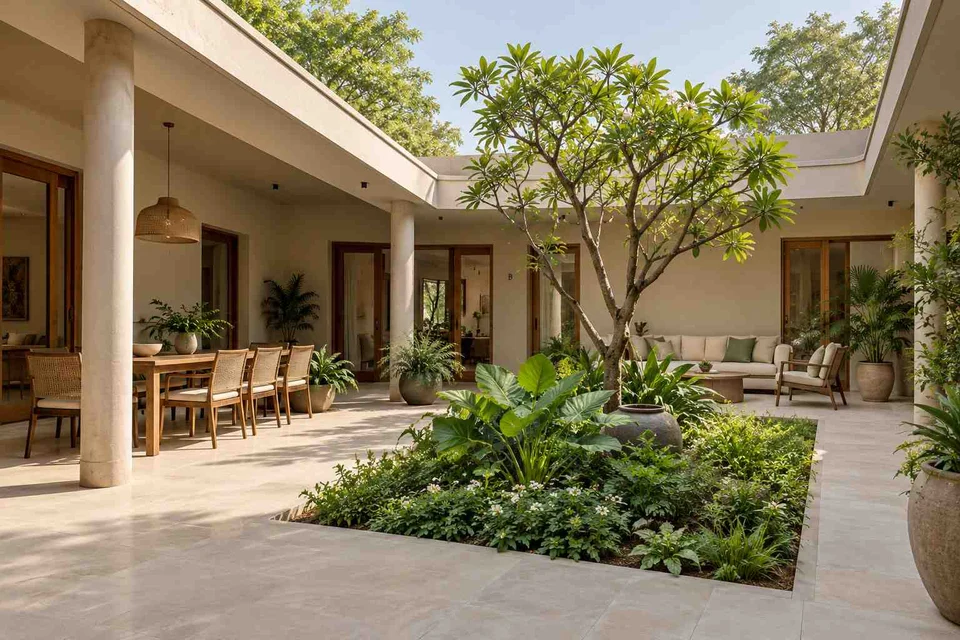 AI-generated outdoor concept: courtyard verandah loop, quiet contemporary direction