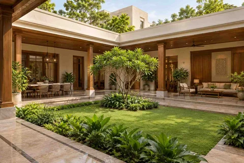 AI-generated outdoor concept: courtyard verandah loop, quiet transitional direction
