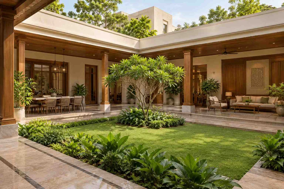 AI-generated outdoor concept: courtyard verandah loop, quiet transitional direction
