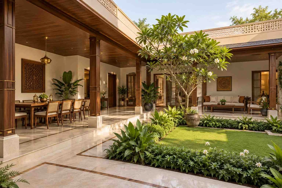 AI-generated outdoor concept: courtyard verandah loop, rosewood brass direction