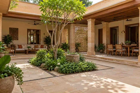 AI-generated outdoor concept: courtyard verandah loop, sandstone lattice direction
