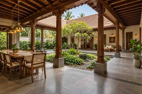 AI-generated outdoor concept: courtyard verandah loop, teak craft direction