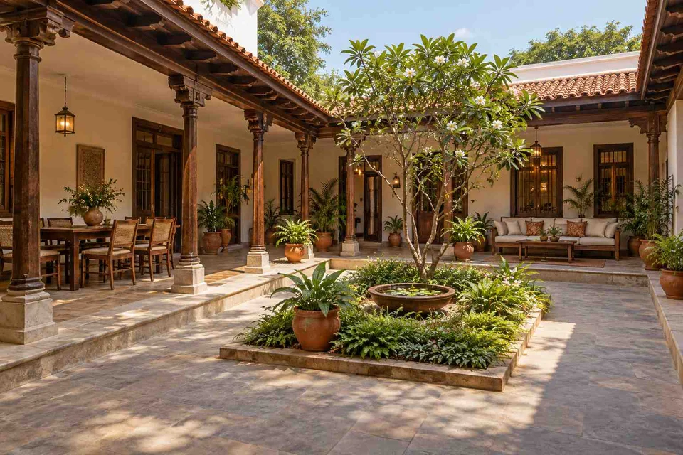 AI-generated outdoor concept: courtyard verandah loop, terracotta heritage direction