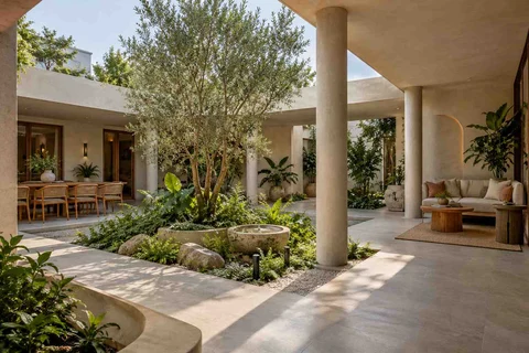 AI-generated outdoor concept: courtyard verandah loop, textured mineral direction