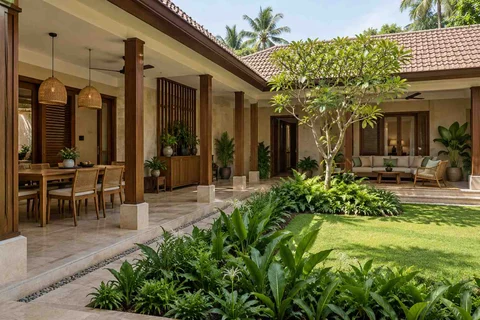 AI-generated outdoor concept: courtyard verandah loop, tropical slatted direction