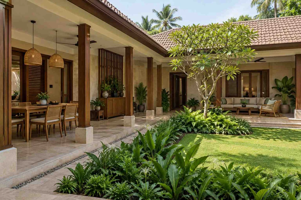 AI-generated outdoor concept: courtyard verandah loop, tropical slatted direction