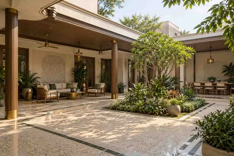 AI-generated outdoor concept: courtyard verandah loop, urban deco direction