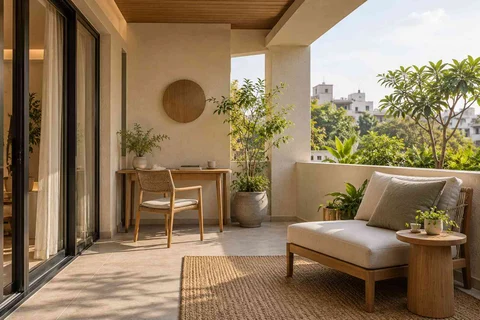 AI-generated outdoor concept: covered terrace work nook, ash and linen direction
