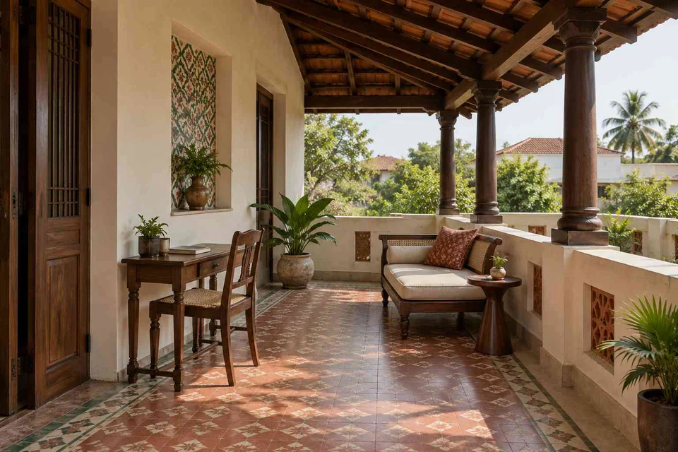 AI-generated outdoor concept: covered terrace work nook, chettinad tile direction