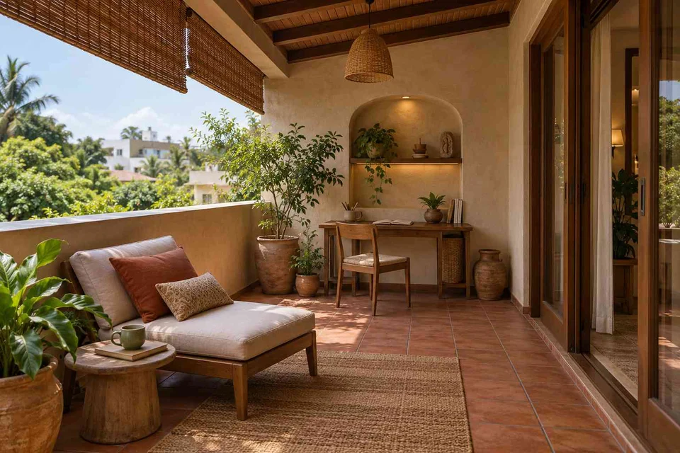 AI-generated outdoor concept: covered terrace work nook, clay artisan direction