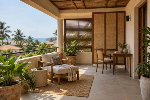 AI-generated outdoor concept: covered terrace work nook, coastal woven direction