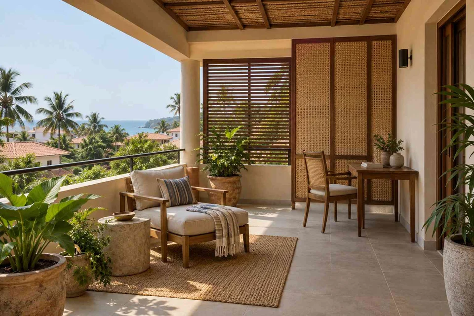 AI-generated outdoor concept: covered terrace work nook, coastal woven direction