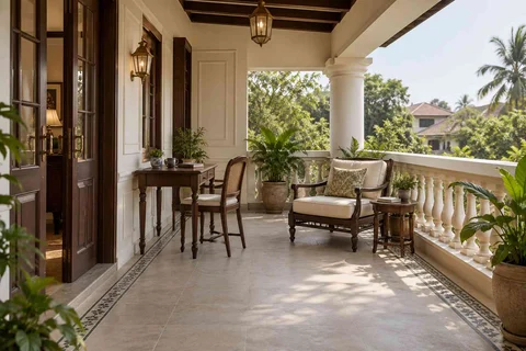 AI-generated outdoor concept: covered terrace work nook, colonial quiet direction