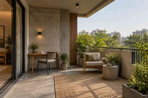 AI-generated outdoor concept: covered terrace work nook, concrete and oak direction