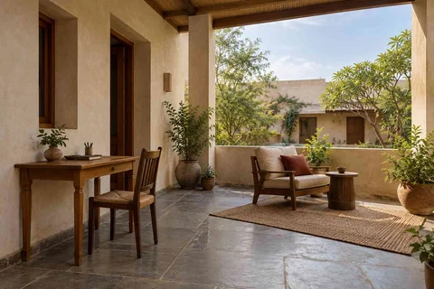 AI-generated outdoor concept: covered terrace work nook, courtyard modern direction