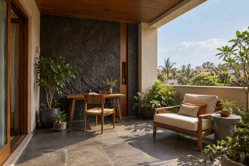 AI-generated outdoor concept: covered terrace work nook, deccan stone direction