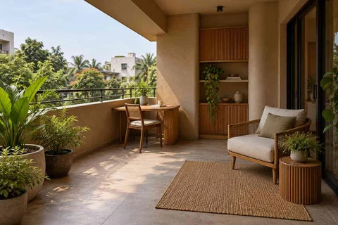AI-generated outdoor concept: covered terrace work nook, earth and bamboo direction