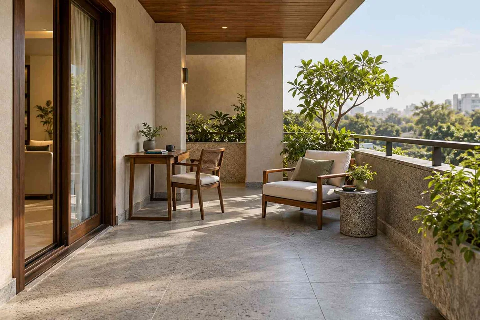 AI-generated outdoor concept: covered terrace work nook, granite precision direction