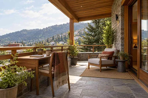 AI-generated outdoor concept: covered terrace work nook, hill timber direction