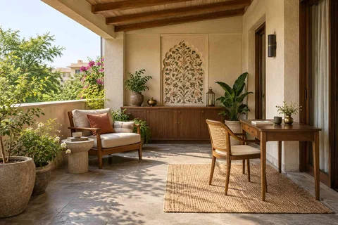 AI-generated outdoor concept: covered terrace work nook, inlay atelier direction