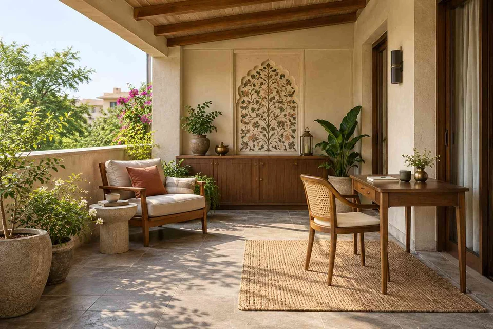 AI-generated outdoor concept: covered terrace work nook, inlay atelier direction