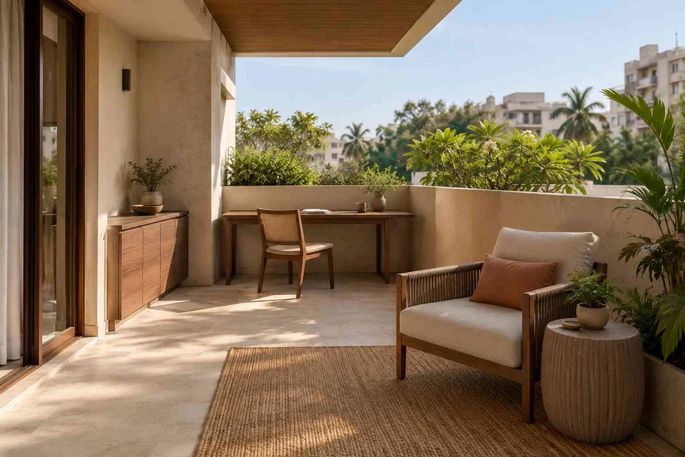 AI-generated outdoor concept: covered terrace work nook, lime and walnut direction