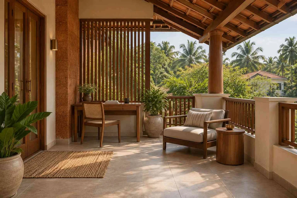 AI-generated outdoor concept: covered terrace work nook, malabar timber direction