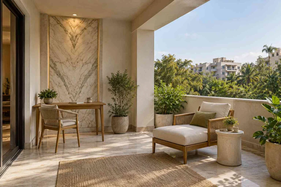 AI-generated outdoor concept: covered terrace work nook, marble restraint direction