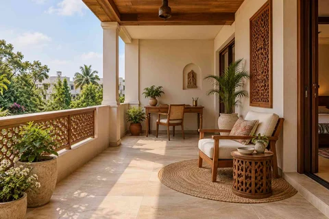 AI-generated outdoor concept: covered terrace work nook, modern carved direction