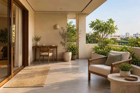 AI-generated outdoor concept: covered terrace work nook, quiet contemporary direction