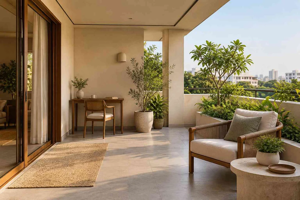 AI-generated outdoor concept: covered terrace work nook, quiet contemporary direction