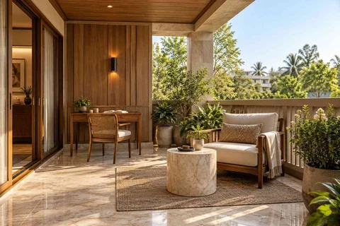 AI-generated outdoor concept: covered terrace work nook, quiet transitional direction