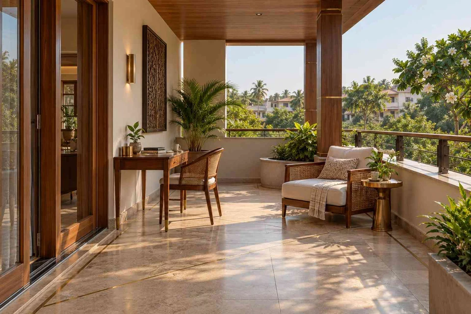 AI-generated outdoor concept: covered terrace work nook, rosewood brass direction