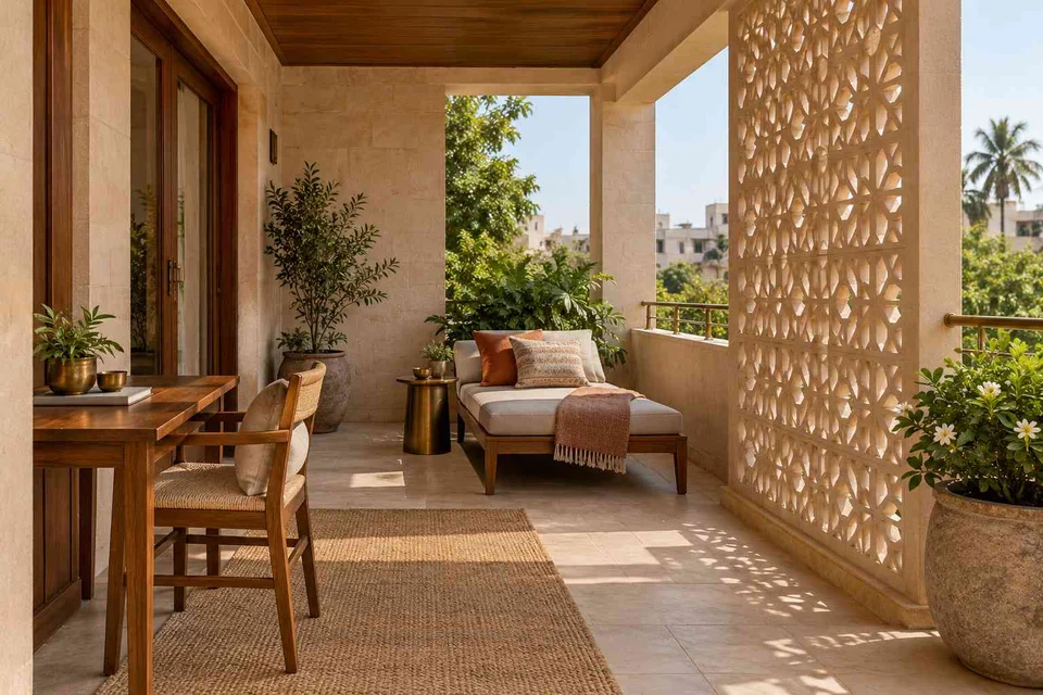 AI-generated outdoor concept: covered terrace work nook, sandstone lattice direction