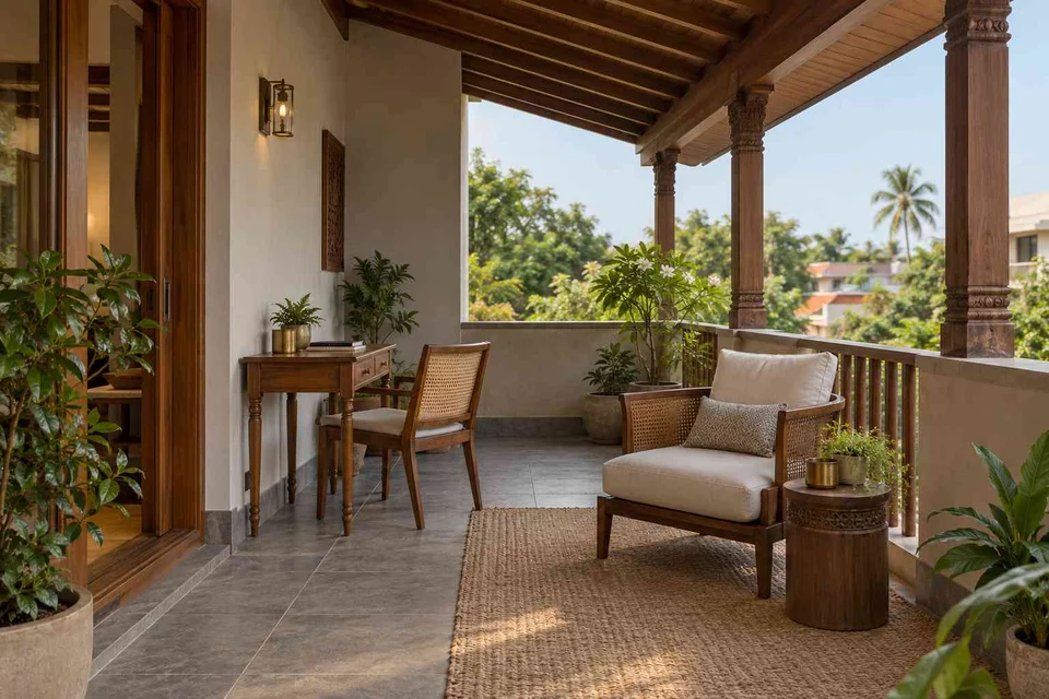 AI-generated outdoor concept: covered terrace work nook, teak craft direction