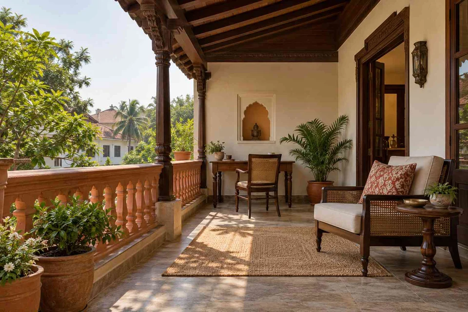 AI-generated outdoor concept: covered terrace work nook, terracotta heritage direction